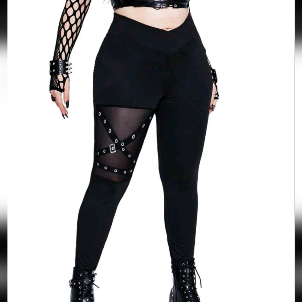 Casual Punk Skinny Sheer Mesh Contrast High Waist Leggings